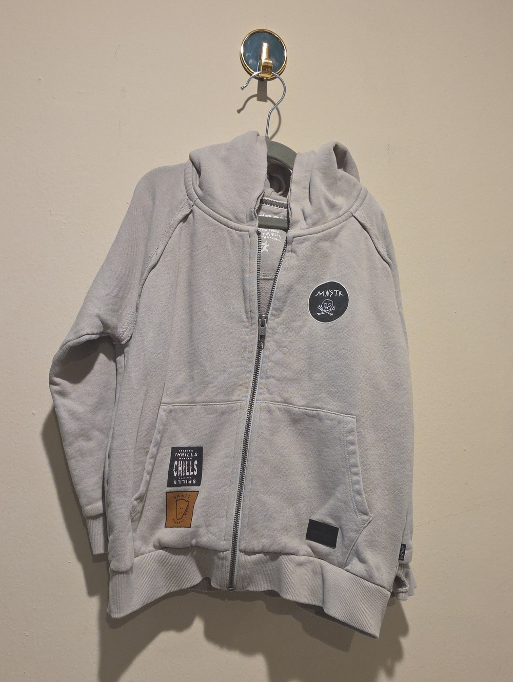 Munster Kids Zip Up Hoodie Jacket Light Gray Size 7 Graphic Patches Skate Street
